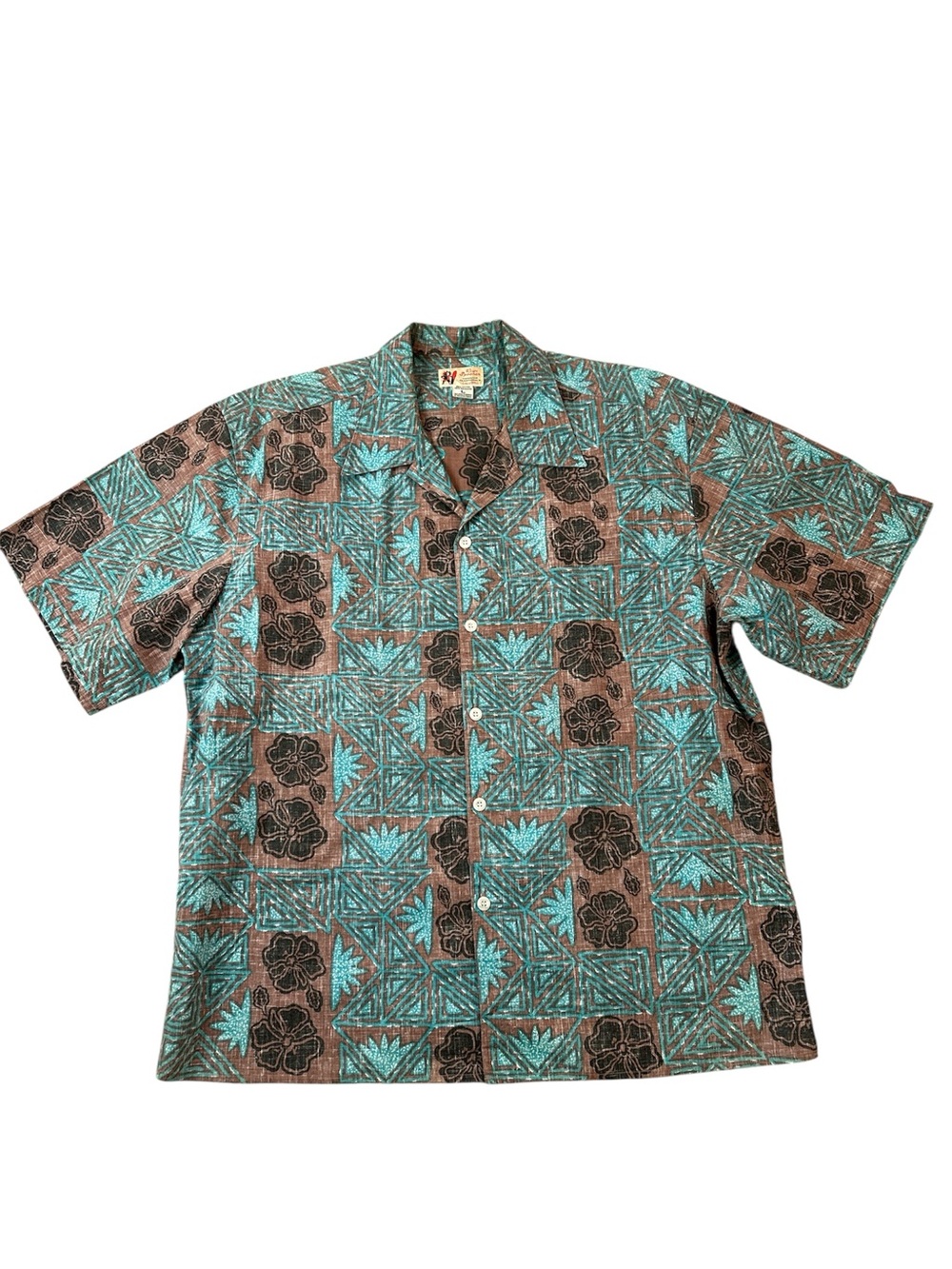 Vintage Reyn Spooner hibiscus Hawaiian print button down, teal shirt size large - Picture 1 of 9